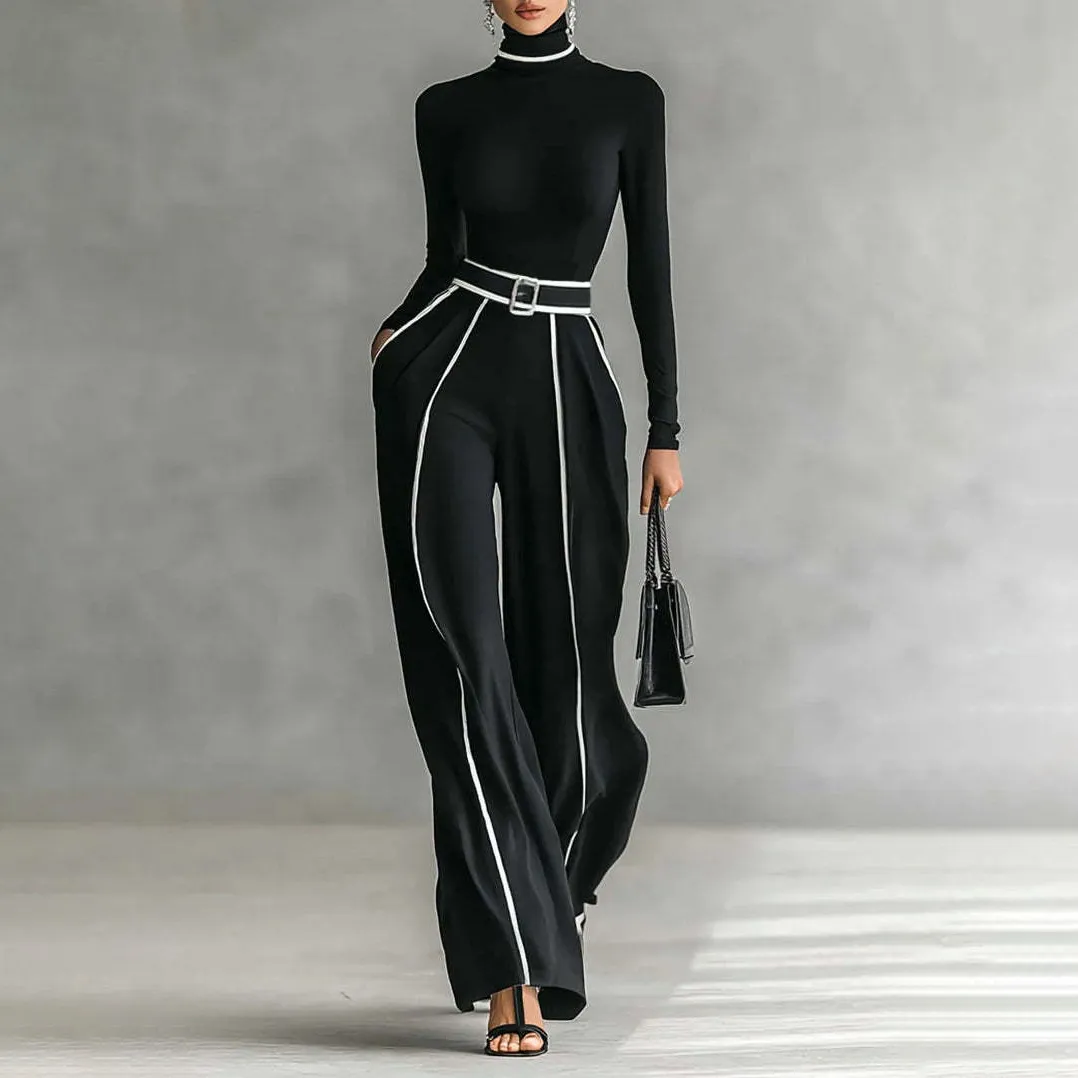 Women Elegant Autumn Winter Contrast Color Long-Sleeve Knitted Sweater Wide-Leg Pants Set