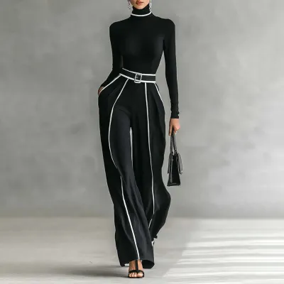 Women Elegant Autumn Winter Contrast Color Long-Sleeve Knitted Sweater Wide-Leg Pants Set