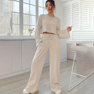 Women Fashion Casual Elegant Wind Solid Color Long Sleeve Top Loose Pants Two-Piece Set