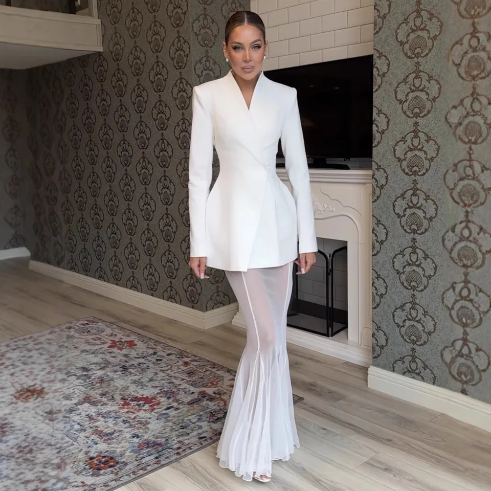Women Elegant Solid Color Long-Sleeve Blazer Loose Stretch Yarn Mesh Skirt Two-Piece Set