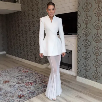Women Elegant Solid Color Long-Sleeve Blazer Loose Stretch Yarn Mesh Skirt Two-Piece Set