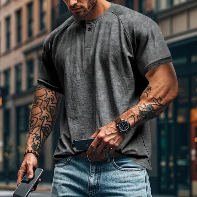 Men Fashion Casual Short-Sleeve Loose Cotton Blend T-Shirt with Distressed Printing