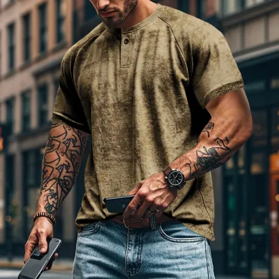 Men Fashion Casual Short-Sleeve Loose Cotton Blend T-Shirt with Distressed Printing