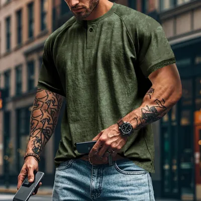 Men Fashion Casual Short-Sleeve Loose Cotton Blend T-Shirt with Distressed Printing
