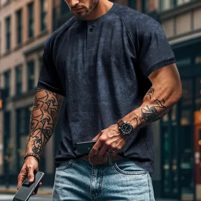 Men Fashion Casual Short-Sleeve Loose Cotton Blend T-Shirt with Distressed Printing