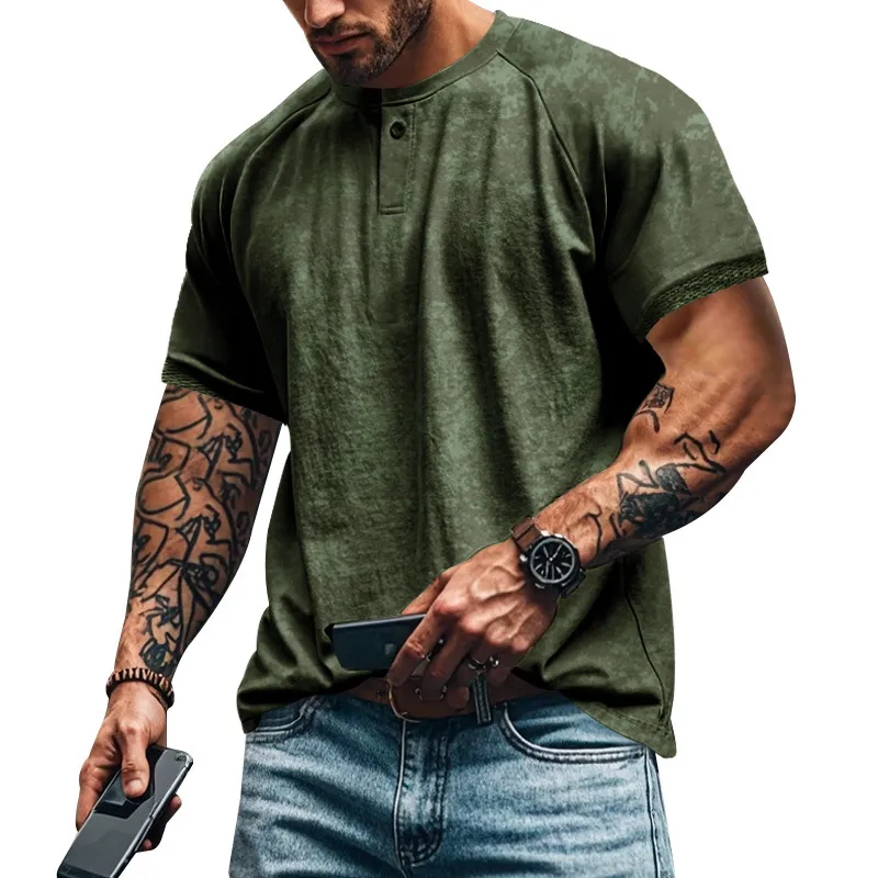 Men Fashion Casual Short-Sleeve Loose Cotton Blend T-Shirt with Distressed Printing