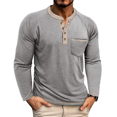 Men Fashion Casual Autumn Winter Color Block Long Sleeve Crewneck T-Shirt