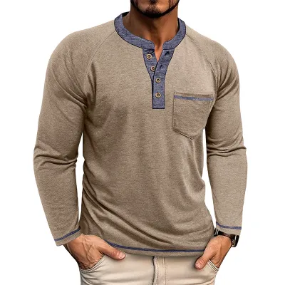 Men Fashion Casual Autumn Winter Color Block Long Sleeve Crewneck T-Shirt