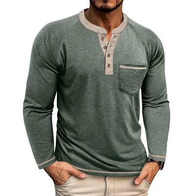 Men Fashion Casual Autumn Winter Color Block Long Sleeve Crewneck T-Shirt