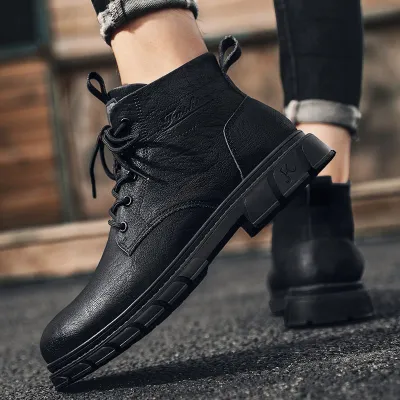 Men Fashion Casual High-Top Lace-Up Leather Shoes Solid Color Ankle Boots