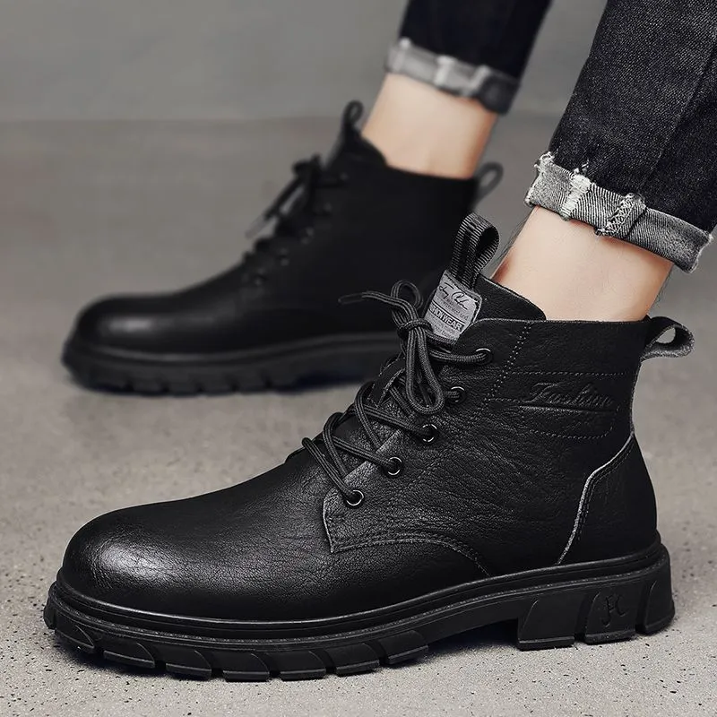 Men Fashion Casual High-Top Lace-Up Leather Shoes Solid Color Ankle Boots