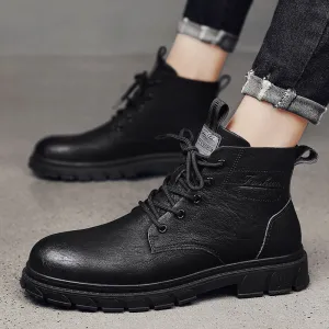 Men Fashion Casual High-Top Lace-Up Leather Shoes Solid Color Ankle Boots