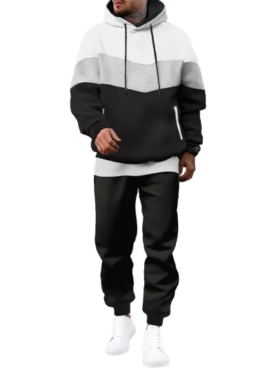 Men Fashion Casual Color-Block Long-Sleeve Hoodie Jogger Pants Two-Piece Set Autumn Winter