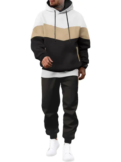Men Fashion Casual Color-Block Long-Sleeve Hoodie Jogger Pants Two-Piece Set Autumn Winter