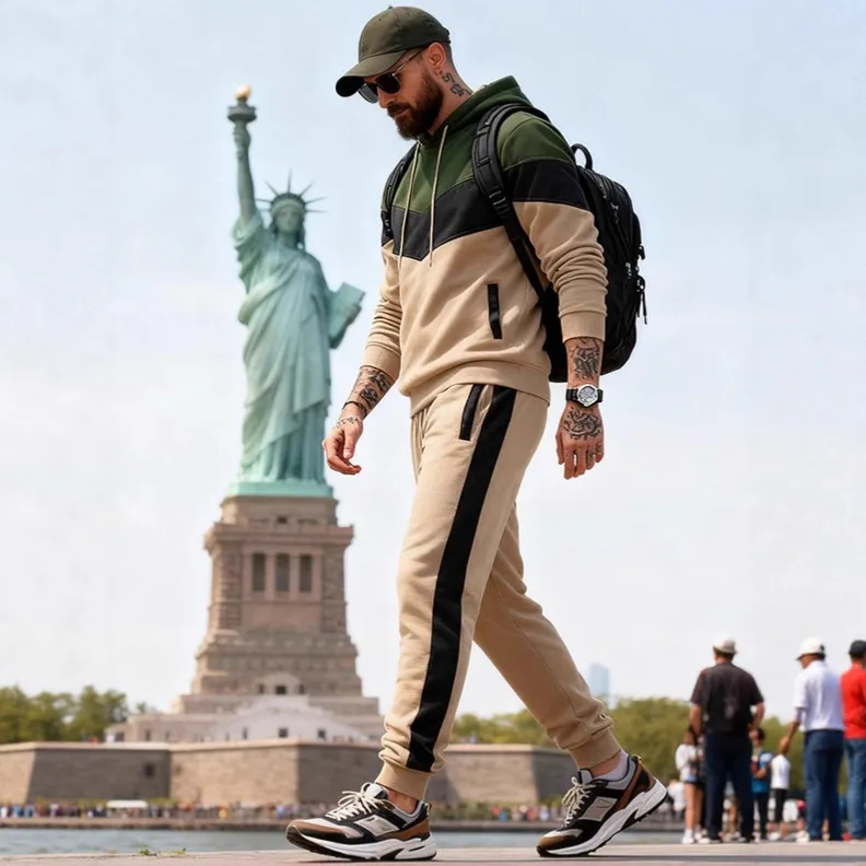 Men Fashion Casual Color-Block Long-Sleeve Hoodie Jogger Pants Two-Piece Set Autumn Winter