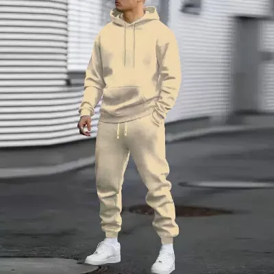 Men Fashion Casual Autumn Solid Color Long-Sleeve Hoodie Jogger Pants Two-Piece Set