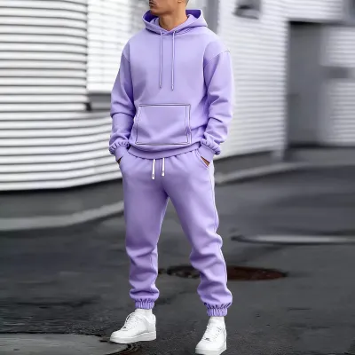 Men Fashion Casual Autumn Solid Color Long-Sleeve Hoodie Jogger Pants Two-Piece Set