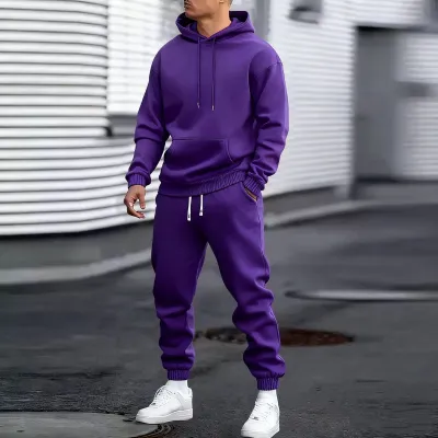 Men Fashion Casual Autumn Solid Color Long-Sleeve Hoodie Jogger Pants Two-Piece Set