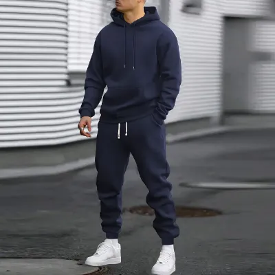 Men Fashion Casual Autumn Solid Color Long-Sleeve Hoodie Jogger Pants Two-Piece Set