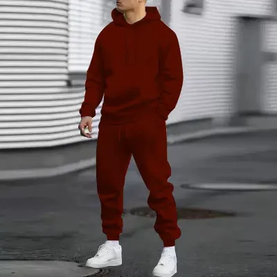 Men Fashion Casual Autumn Solid Color Long-Sleeve Hoodie Jogger Pants Two-Piece Set