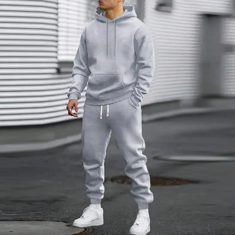 Men Fashion Casual Autumn Solid Color Long-Sleeve Hoodie Jogger Pants Two-Piece Set