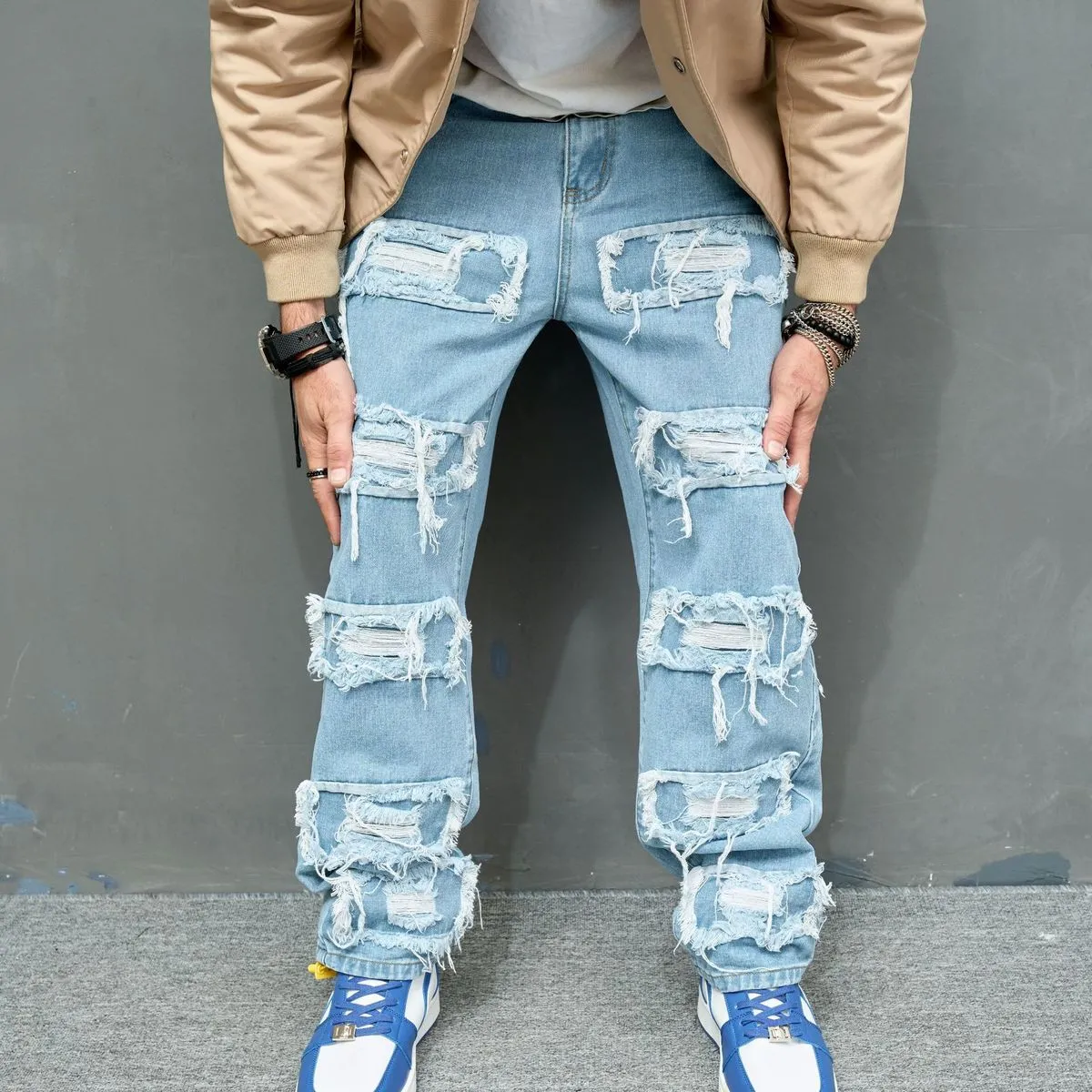 Men Fashion Ripped Loose Straight Jeans Mid-Waist Cotton Blend