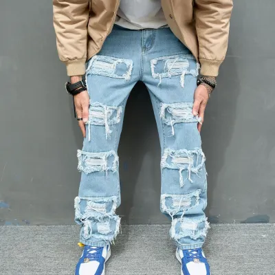 Men Fashion Ripped Loose Straight Jeans Mid-Waist Cotton Blend