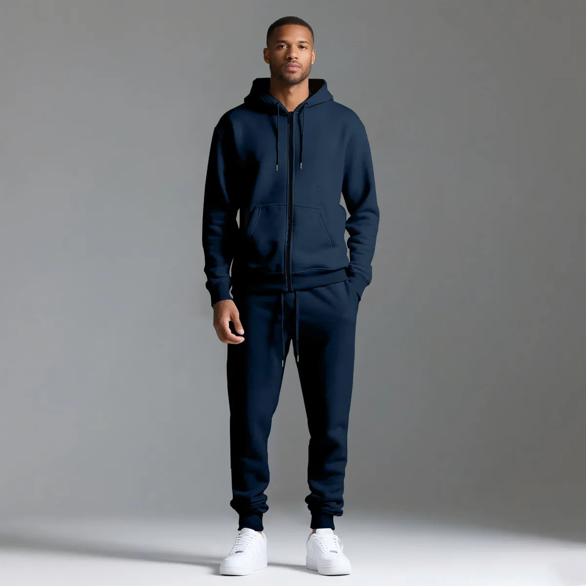 Men Fashion Casual Solid Color Long Sleeve Hoodie Fleece Warm Pants Two Piece Set for Autumn Winter