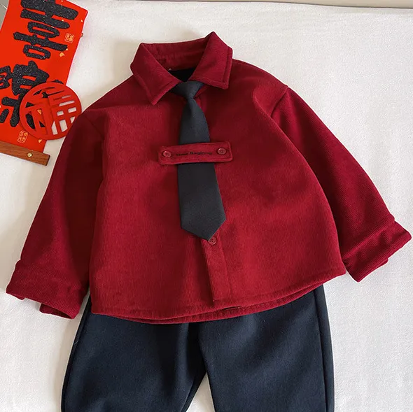 Kids Boy's Fashion Casual Fleece Lapel Long-Sleeve Blouse