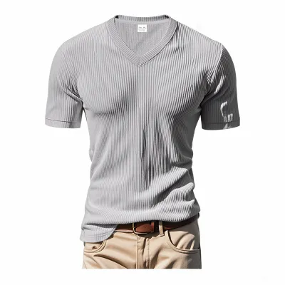 Men's Casual Solid Corduroy V-Neck Short Sleeve Loose T-Shirt
