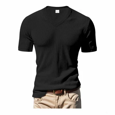 Men's Casual Solid Corduroy V-Neck Short Sleeve Loose T-Shirt