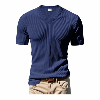 Men's Casual Solid Corduroy V-Neck Short Sleeve Loose T-Shirt