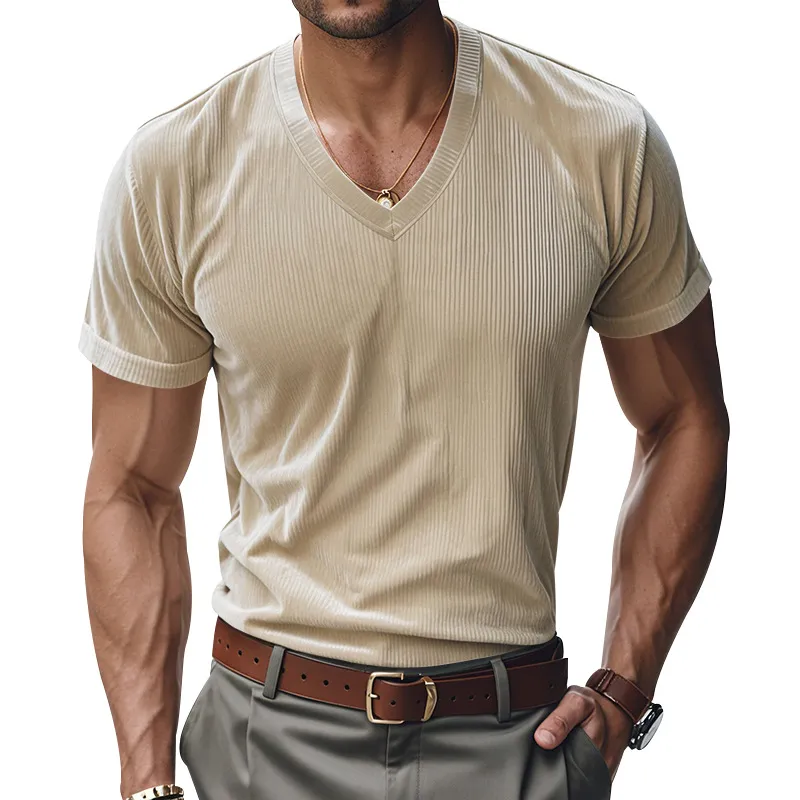 Men's Casual Solid Corduroy V-Neck Short Sleeve Loose T-Shirt