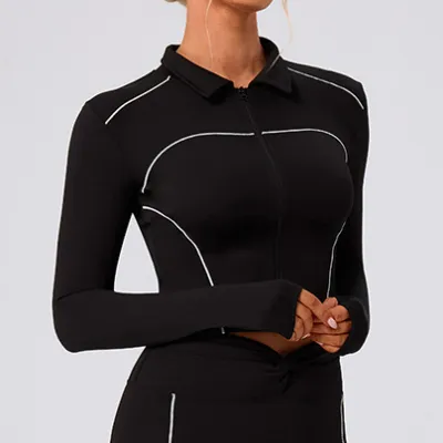 Women Casual Contrast Color Lapel Long-Sleeve Zipper Slim-Fit Yoga Sports Cardigan