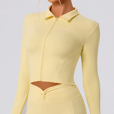 Women Casual Contrast Color Lapel Long-Sleeve Zipper Slim-Fit Yoga Sports Cardigan