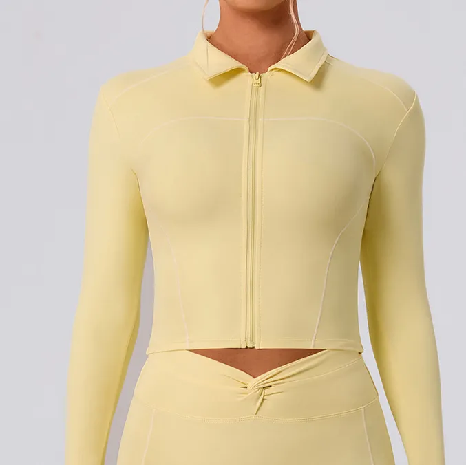 Women Casual Contrast Color Lapel Long-Sleeve Zipper Slim-Fit Yoga Sports Cardigan