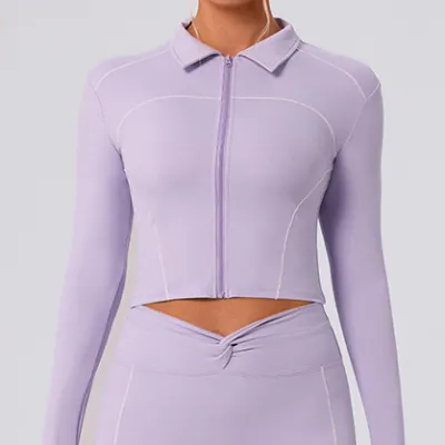 Women Casual Contrast Color Lapel Long-Sleeve Zipper Slim-Fit Yoga Sports Cardigan