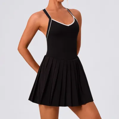 Women Backless Contrast Color Pleated Quick-Drying Sports Dress