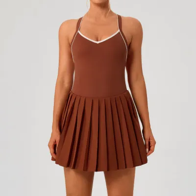 Women Backless Contrast Color Pleated Quick-Drying Sports Dress