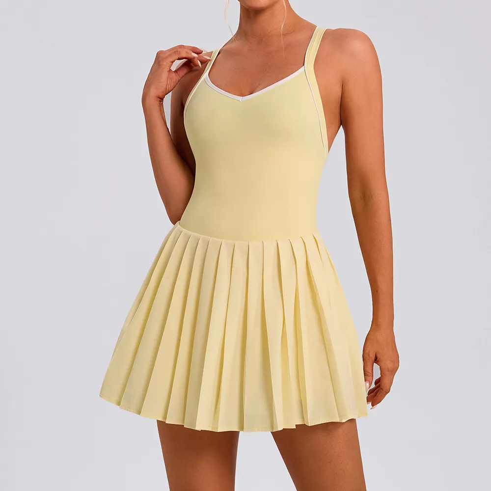 Women Backless Contrast Color Pleated Quick-Drying Sports Dress