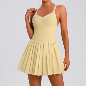 Women Backless Contrast Color Pleated Quick-Drying Sports Dress