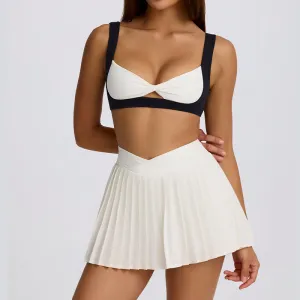 Women Casual Contrast Color Bra Breathable Pleated Tennis Skirt Sports Two-Piece Set