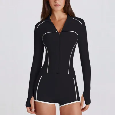 Women Casual Contrast Color Lapel Long-Sleeve Jacket Tight Shorts Quick-Drying Yoga Sports Two-Piece Set