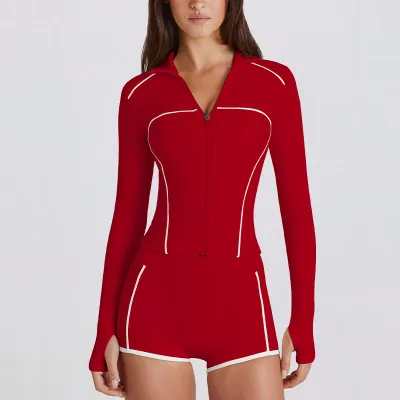 Women Casual Contrast Color Lapel Long-Sleeve Jacket Tight Shorts Quick-Drying Yoga Sports Two-Piece Set