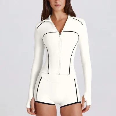 Women Casual Contrast Color Lapel Long-Sleeve Jacket Tight Shorts Quick-Drying Yoga Sports Two-Piece Set