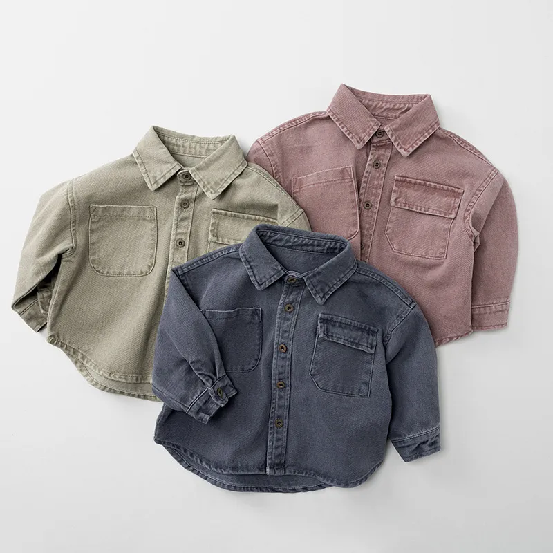 Kids Boys' Fashion Casual Autumn Solid Color Long Sleeve Loose Lapel Blouse Cotton