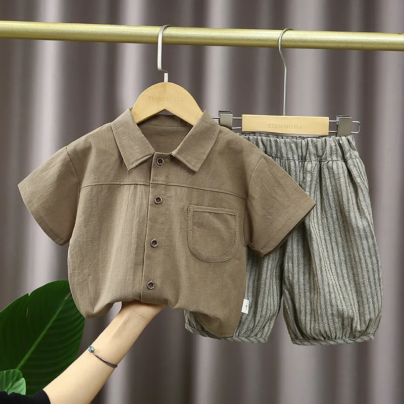 Kids Boy's Casual Cotton Linen Lapel Short-Sleeve Blouse Striped Pants Two-Piece Set S-5XL
