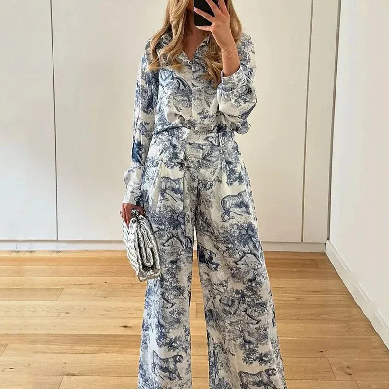 Women Fashion Casual Print Lapel Long-Sleeve Blouse Loose Pants Two-Piece Set