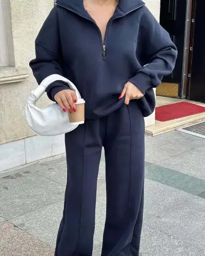 Women Fashion Athleisure Autumn And Winter Solid Color Half-Placket Long-Sleeve Sweatshirt Loose Pants Set