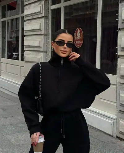 Women Fashion Athleisure Autumn And Winter Solid Color Half-Placket Long-Sleeve Sweatshirt Loose Pants Set